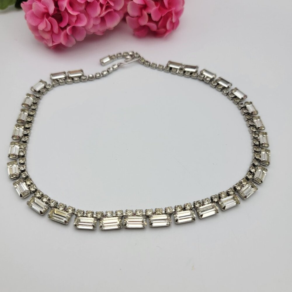 Vintage Silver Tone Clear Crystal Baguette Link Chain Collar Necklace 16" Hook